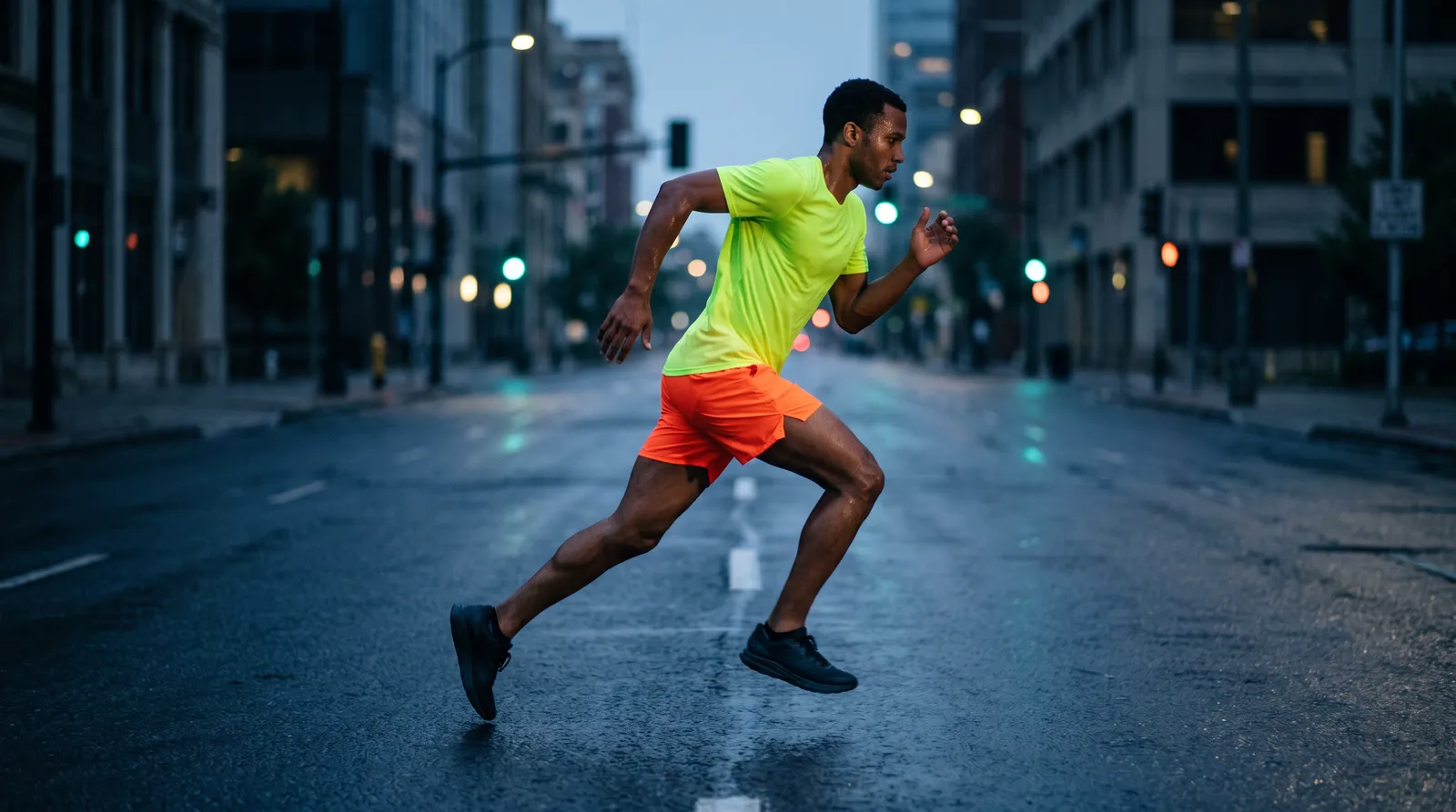 Runner in a neon volt tee and blaze orange shorts sprinting down an empty city street at dawn