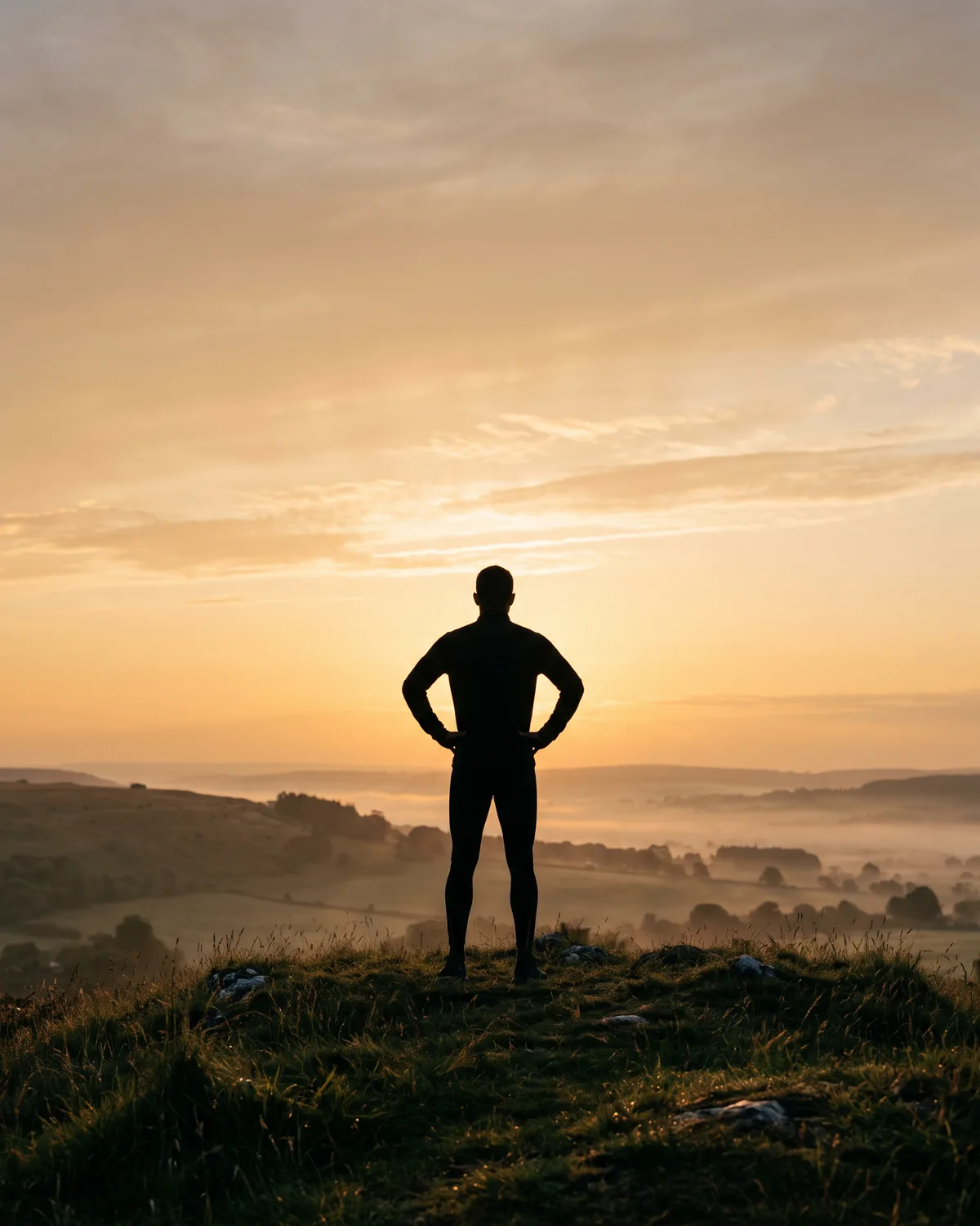 Runner in black standing on a hilltop watching the sunrise