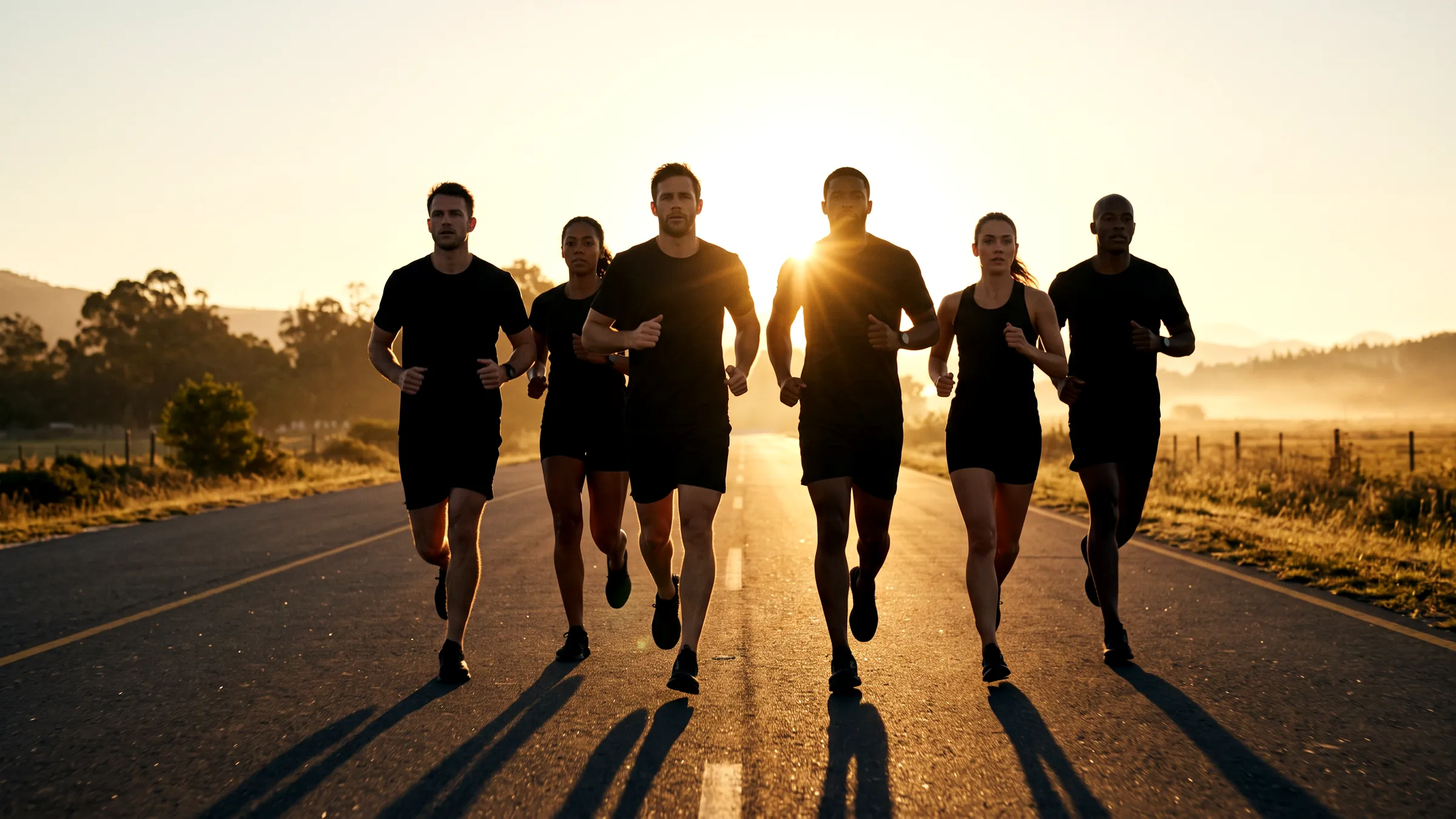 A group of runners in black training gear running toward the camera at sunrise