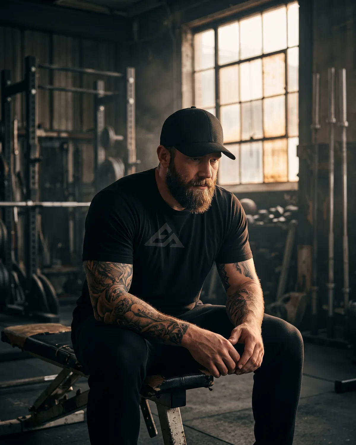 Athlete in a black tee and cap resting between sets in a dark gym